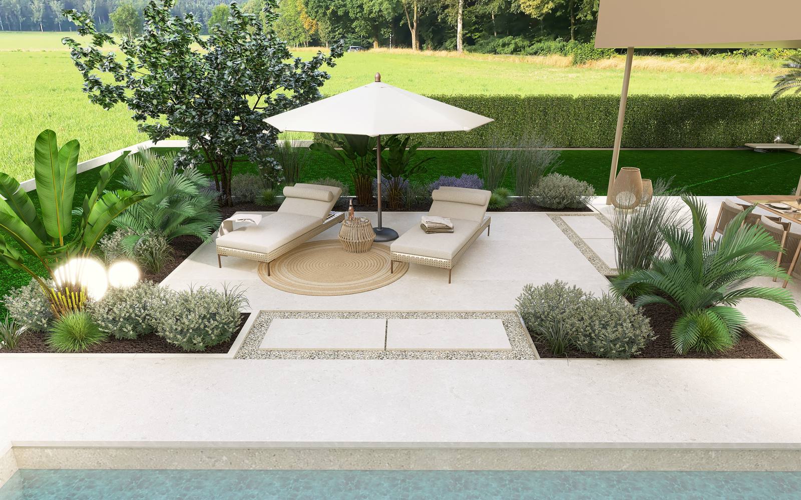 3D-Visualisierung einer Poolterrasse mit Liegen und mediterraner Bepflanzung