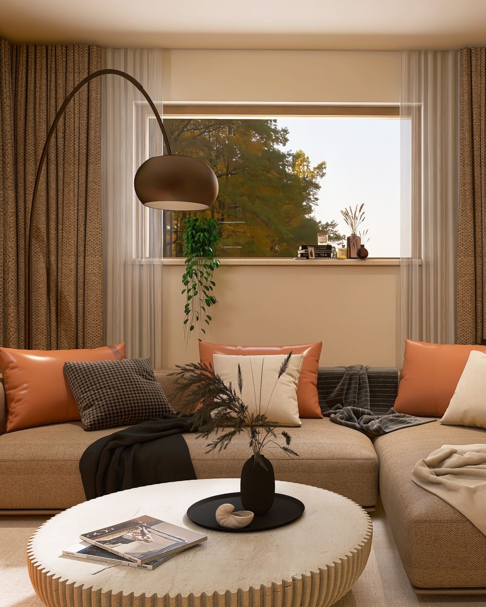3D-Visualisierung eines warmen Wohnzimmers mit Ecksofa und Holzwand