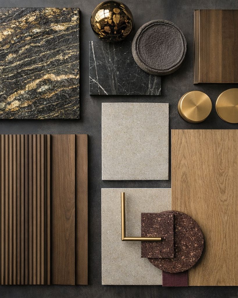 Moodboard mit Naturstein, Holzlamellen, Messing und Stoffen